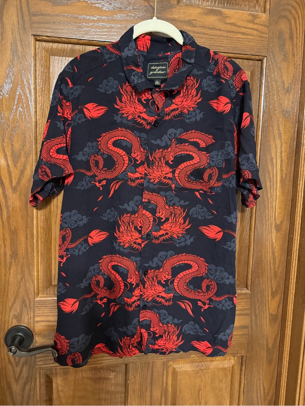 Y2K Delusions of Grandeur Size Large Red Dragon Print Short Sleeve Shirt - Men